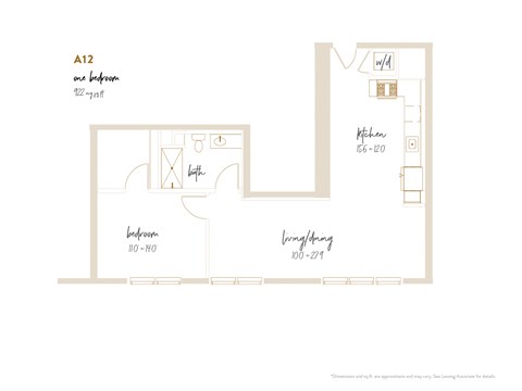 Floor plan for 1 bed, 1 bath, 922 sqft